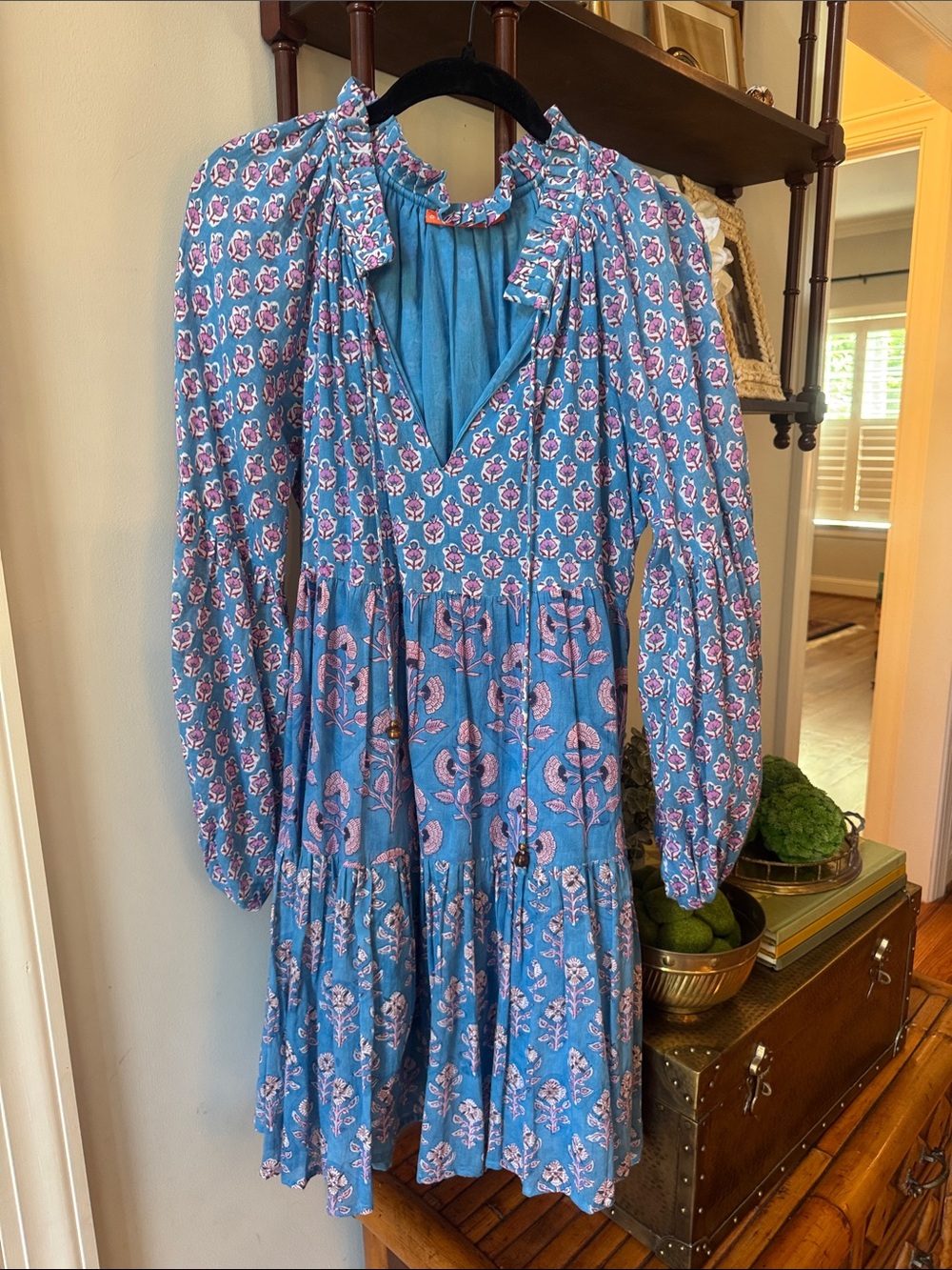 Oliphant Blue Floral Long-Sleeve Ruffled Tier Dress